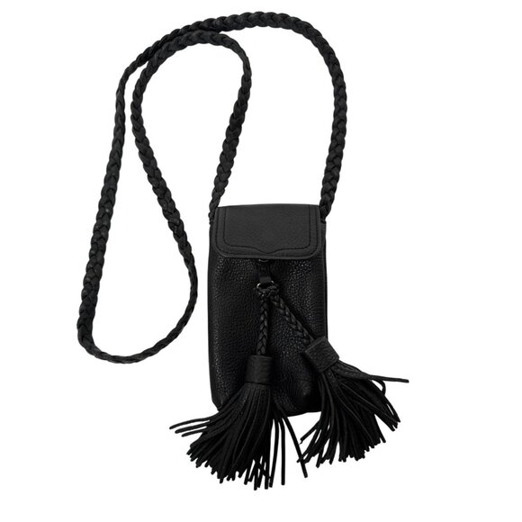 Rebecca Minkoff Black Leather Crossbody Bag With Braided Strap & Tassels - Picture 1 of 7